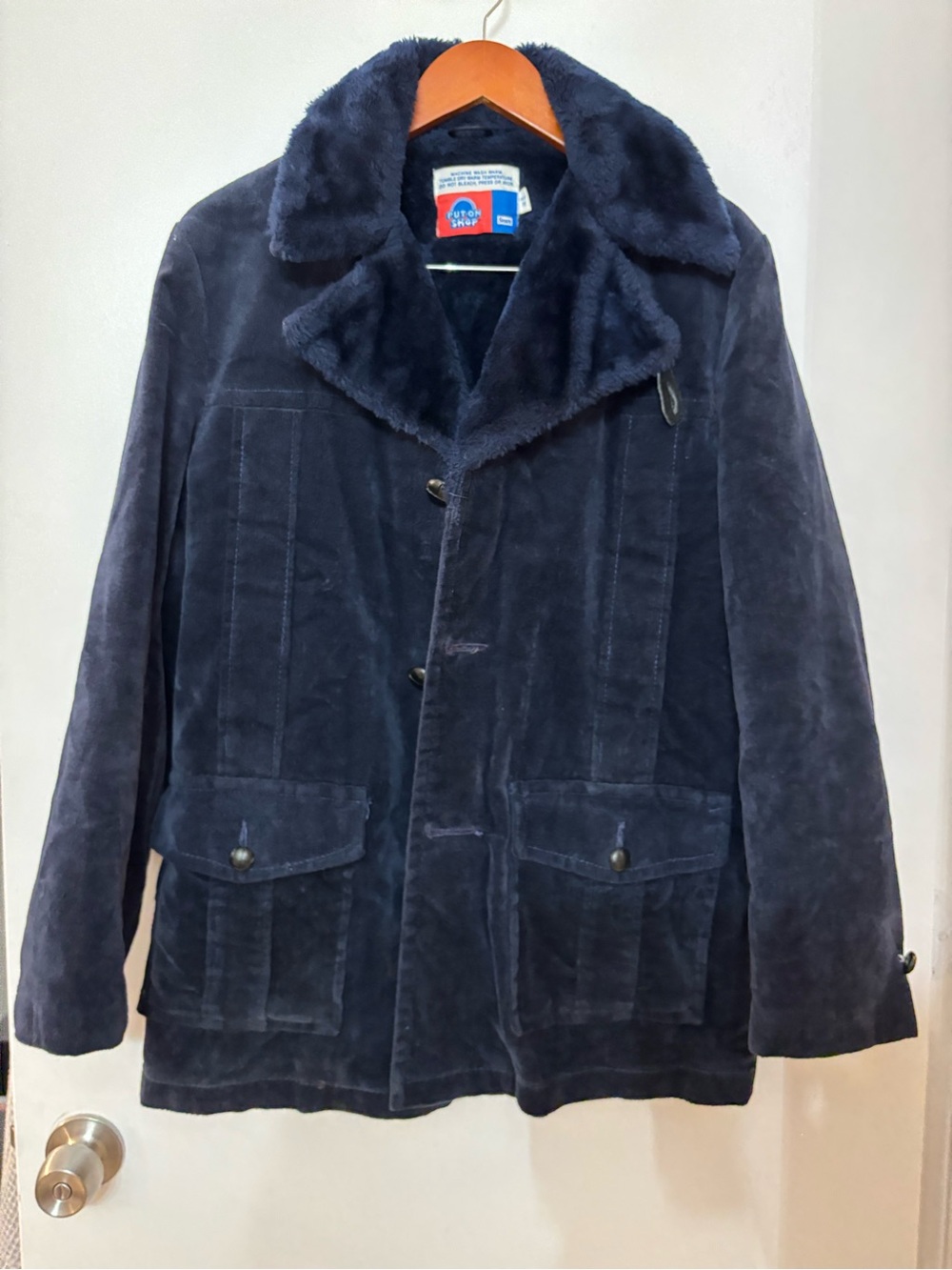 Vintage Sears The Put On Shop Mens 36 Chest Navy Corduroy Sherpa Lined Coat 70s